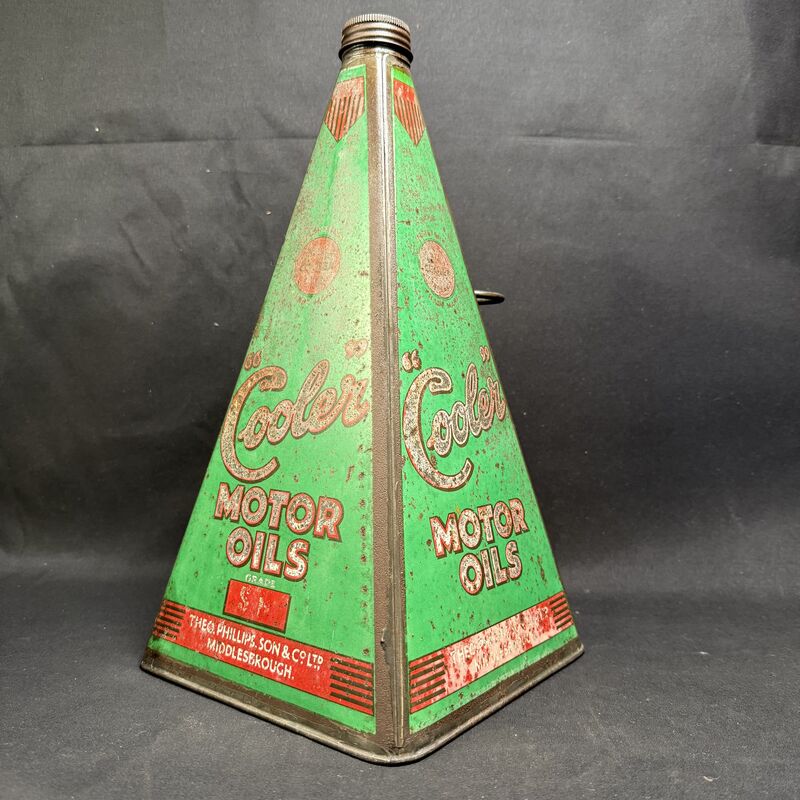 Green pyramid-shaped Cooler Motor Oils tin by Theo. Phillips, Son & Co.
